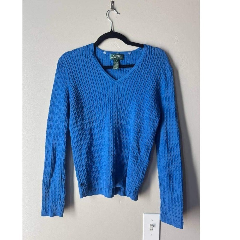 Lauren Ralph Lauren Cable Knit Sweater L Blue V Neck Cotton Old Money Preppy